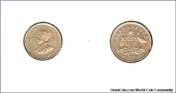 1936 Threepence. Small edge bite at 4 o'clock.