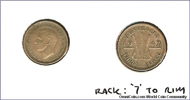 1947 Threepence. Die cracks from 'T' to rim & 'P' to rim