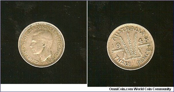 1948 Threepence. Die cracks from 'T' to rim & 'P' to rim