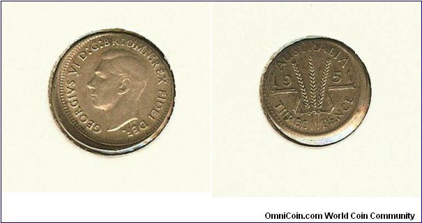 1951 Threepence. Mis-struck.