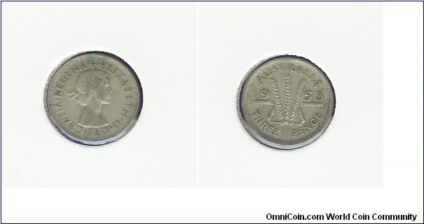 1953 Threepence. Obverse now has Queen Elizabeth