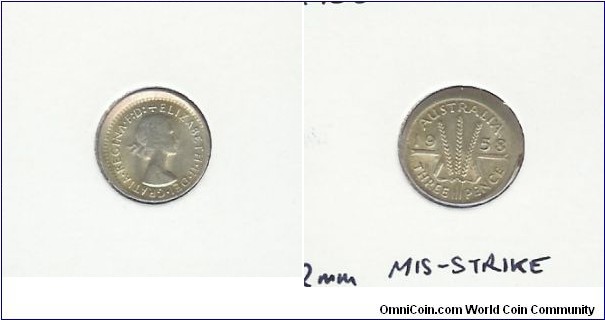 1958 Threepence. 2mm mis-strike.