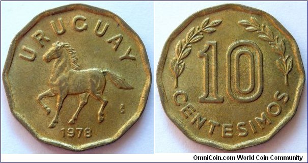 10 centesimos.
1978, Cu-Al-Ni. Weight; 3g. Diameter; 18,5mm.
Mint; Casa de Moneda de Chile, Santiago (S) Mintage; 14.500.000 units.