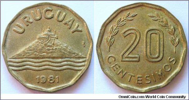 20 centesimos.
1981, Cu-Al-Ni. Weight; 5g. Diameter; 22mm. Mint; Casa de Monede de Chile, Santiago (S) Mintage; 80.000.000 units.