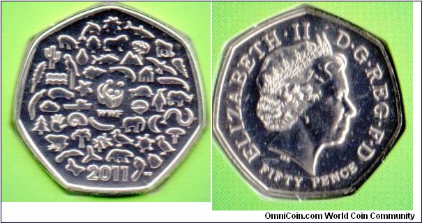 50p in folder of issue
50th Anniversary of the World Wildlife fund
Designed by Mathew Dent
Variouse animals helped by the fund with the Giant Panda in the center
Queen Elizabeth II by Ian Rank-Broadley