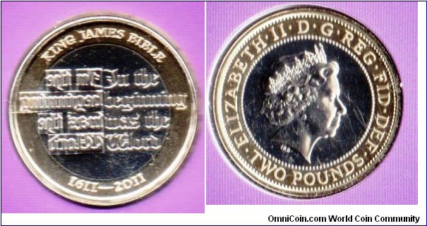 £2 in folder of issue
400th Anniversary of the King James Bible
Designed by Paul Stafford & Benjamin Wright
Depicting 2 Types of printing the Original Printing block and the Modern Recessed text
Queen Elizabeth II by Ian Rank-Broadley
Edge inscription The Authorised Version