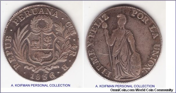 KM-151.1, 1836 Peru 4 reals, Cuzco mint (CUZ mintmark in monogram); silver, grained edge; interesting coin in fine to very fine coindition