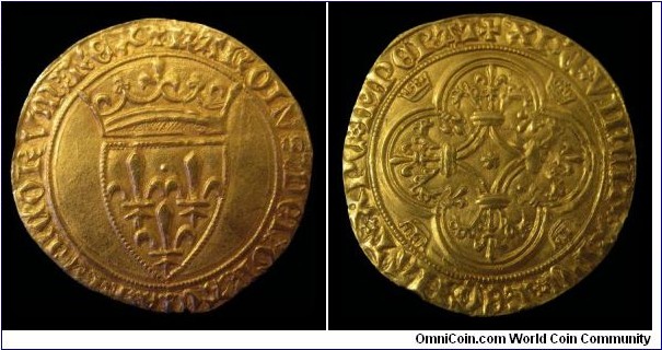 1380-1422 Charles VI, France, Ecu D'or. Small dot under the sixteenth letter of the legend on the reverse which means it was minted in Tournai/ Belgium. Ref: Friedberg 376 