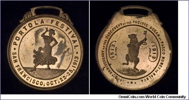 Watch fob version of the 1913 Portola Festival official medal.