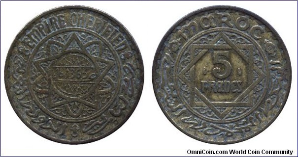 Morocco, 5 francs, 1945, Al-Bronze, Empire Cherifien, AH 1365.