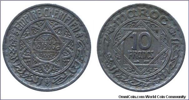 Morocco, 10 francs, 1946, Cu-Ni, Empire Cherifien.