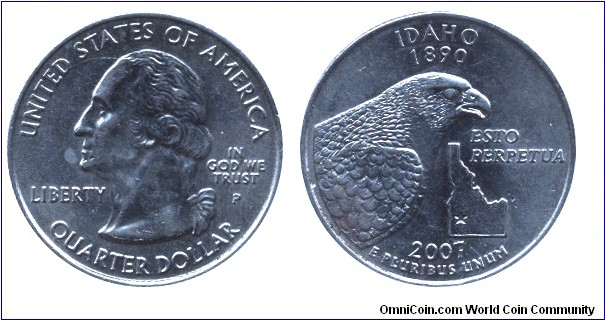 USA, 1/4 dollar, 2007, Cu-Ni, 24.26mm, 5.67g, MM: P (Philadelphia), Idaho-1890, Esto Perpetua, George Washington.