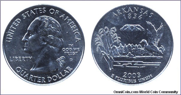 USA, 1/4 dollar, 2003, Cu-Ni, 24.26mm, 5.67g, MM: D (Denver), Arkansas-1836, George Washington.