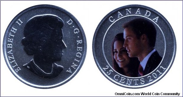 Canada, 25 cents, 2011, Ni-Steel, 35mm, 12.61g, The Wedding Celebration HRH Prince William of Wales & Miss Catherine Middleton, Queen Elizabeth II