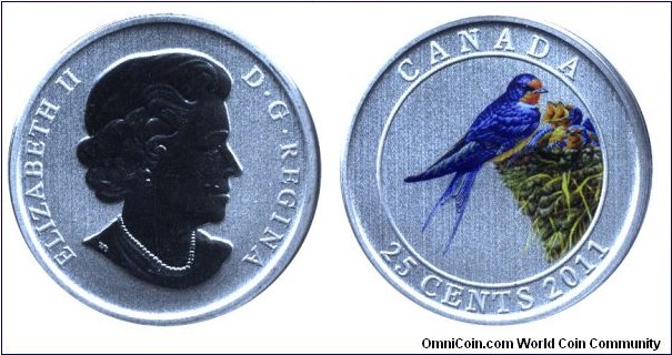 Canada, 25 cents, 2011, Ni-Steel, 35mm, 12.61g, Color coin, Barn Swallow, Queen Elizabeth II.