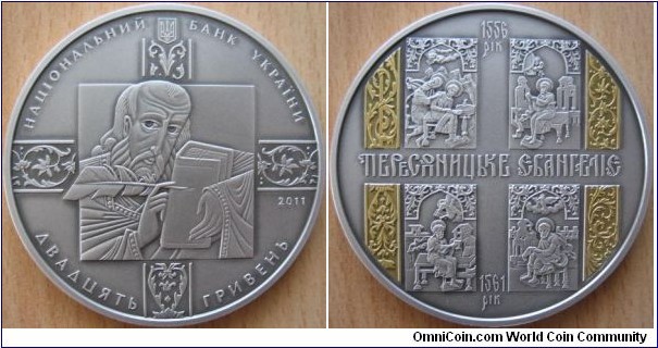 20 Hryvnia - Peresopnytsia Gospel - 67.25 g Ag .925 UNC (partially gold plated) - mintage 4,000