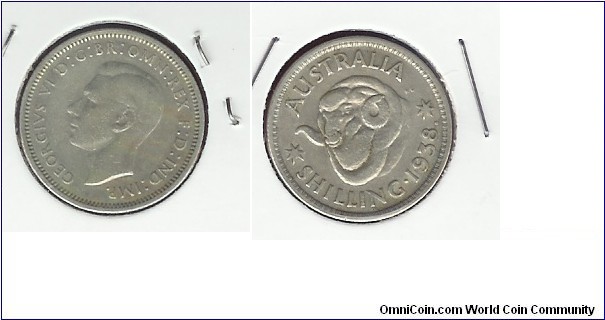1938 Shilling. First year of the new 'Ram's Head' design.