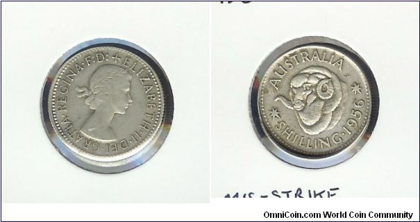 1956 Shilling. Mis-strike. 1mm reverse lip