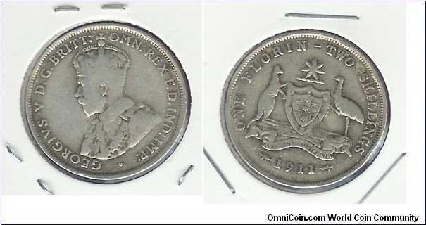 1911 Florin. Upright 2nd '1' of date variety