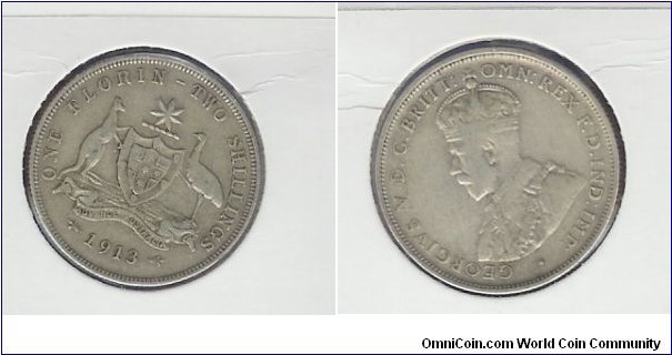 1913 Florin. 2nd '1' of date upright variety