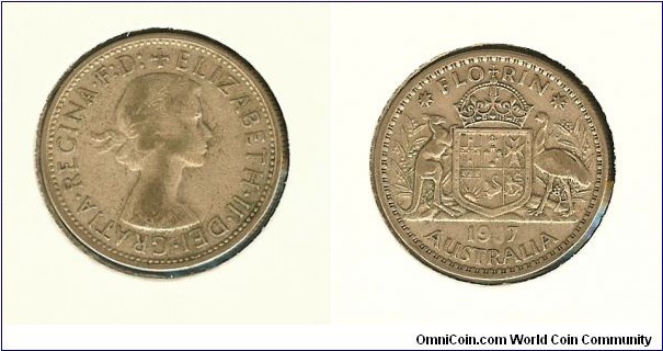 1957 Florin. Die fill Error. Missing '5' of date.