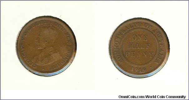 1919 Halfpenny. Faint lower scroll & die crack through 'OF' to rim