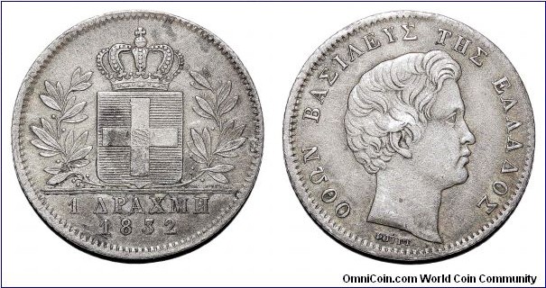 GREECE (KINGDOM)~1 Drachmai 1832. Under King: Othon/Otto Wittelsbach of Bavaria.