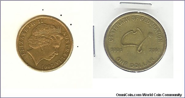 2001 $1. Centenary of Federation. Rotated to 2 o'clock.