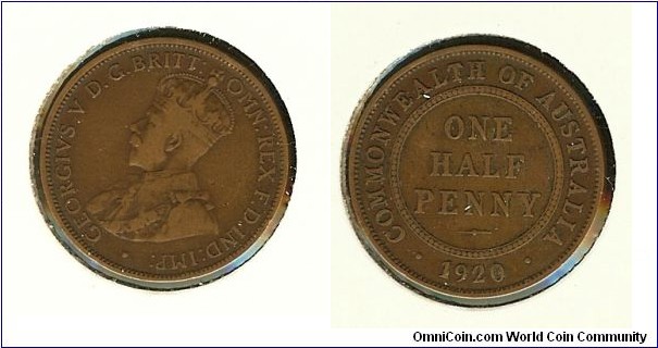 1920 Halfpenny. Rotated to 1 o'clock