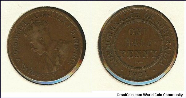 1921 Halfpenny. Rotated to 11 o'clock