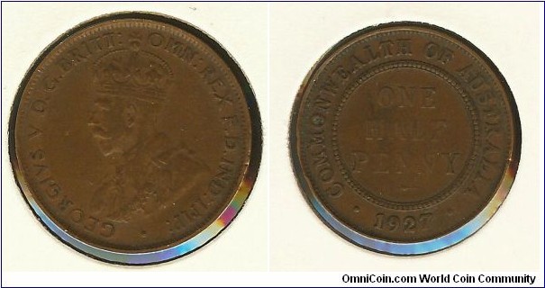 1927 Halfpenny. High '7' variety & weak struck reverse