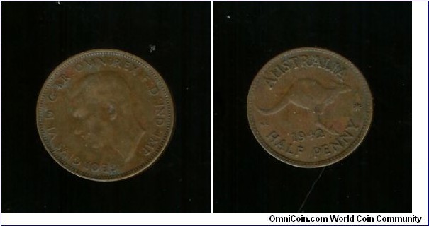 1942 Halfpenny. Missing 'HP' designers initials & rotated to 11 o'clock