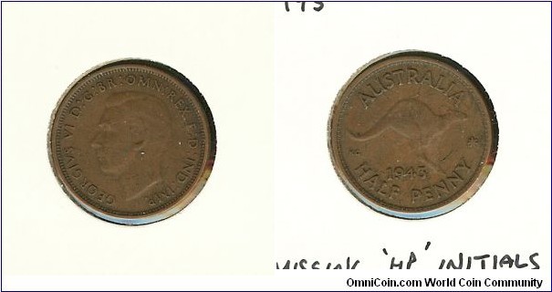 1943 Halfpenny. Missing 'HP' designer's initials