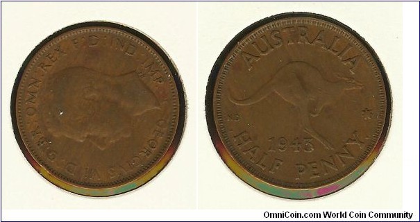 1943 (I) Halfpenny. Rotated to 9 o'clock RARE