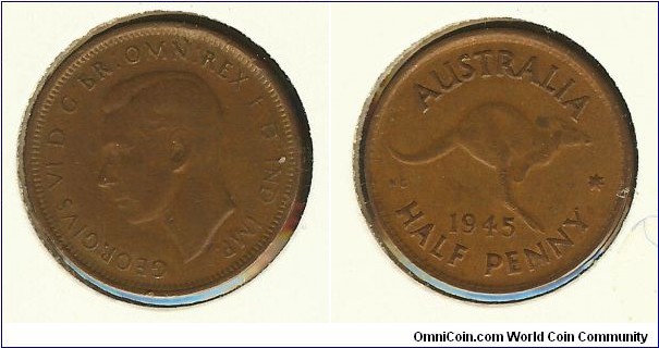 1945 Halfpenny. Rotated to 11 o'clock