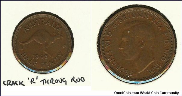 1946 Halfpenny. Die crack from 'R