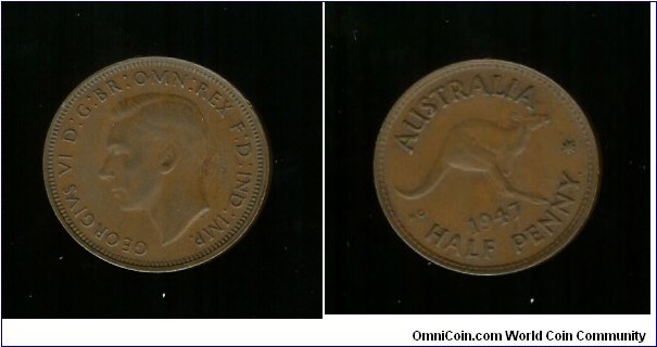 1947 Halfpenny. Dot under King's head & obverse rim raised