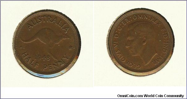 1948 Halfpenny. Die crack through 'NN'