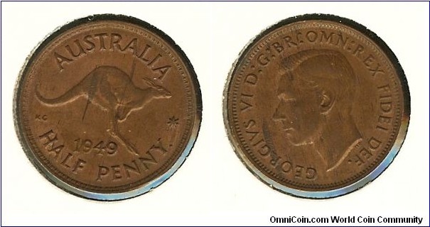 1949 Halfpenny. Rotated to 11 o'clock