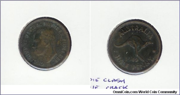 1949 Halfpenny. Die crack through 'USTRAL' & reverse die clash