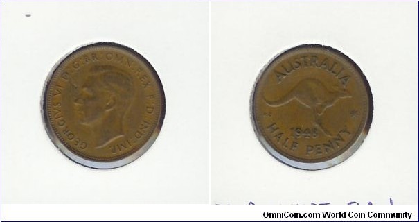 1949 Halfpenny. Obverse planchett crack