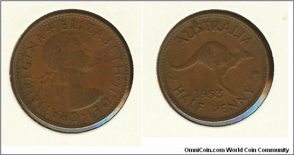 1953 Halfpenny. Rotated to 11 o'clock