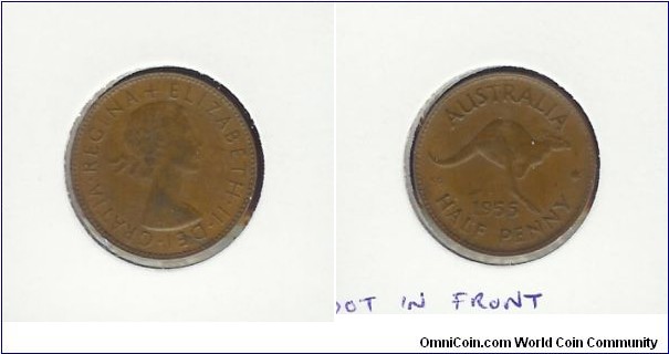 1955 Halfpenny. Dot in front of the Roo