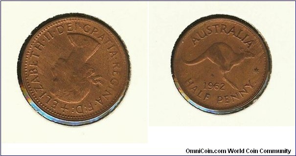 1962 Halfpenny. Rotated to 7 o'clock. SCARCE