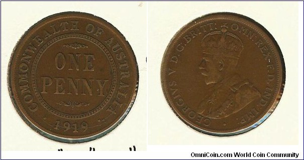 1919 Penny. Dot Above Below Scroll. London Obv. Die crack 'LIA' to 'ONW'