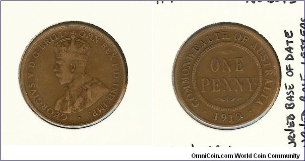 1919 Penny. No Dots. London Obv. Curved base of date lettering