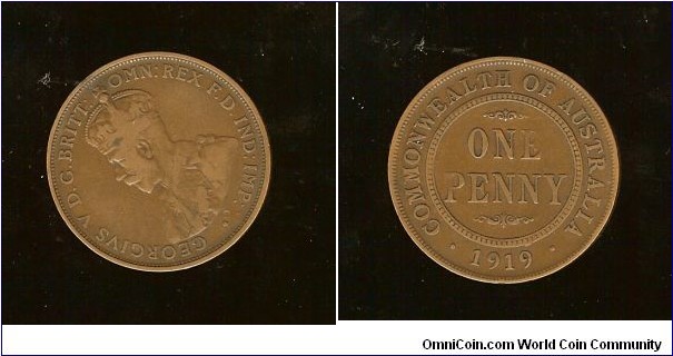 1919 Penny. No Dots. Curved base of reverse lettering. Rotated to 11 o'clock.