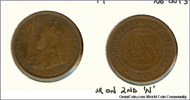 1919 Penny. No Dots. Flat base of reverse lettering. Spur on 2nd 'N'