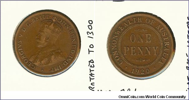 1920 Penny. Dot Above Bottom Scroll. India Obv. Rotated to 1 o'clock