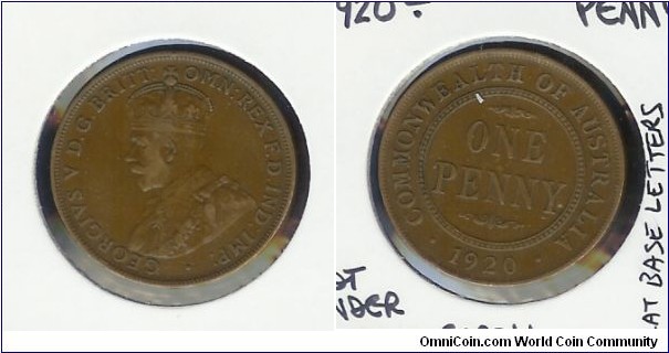 1920 Penny. Dot Below Bottom Scroll. Flat base of reverse lettering. Obverse die crack 'OMN' to 'IMP'